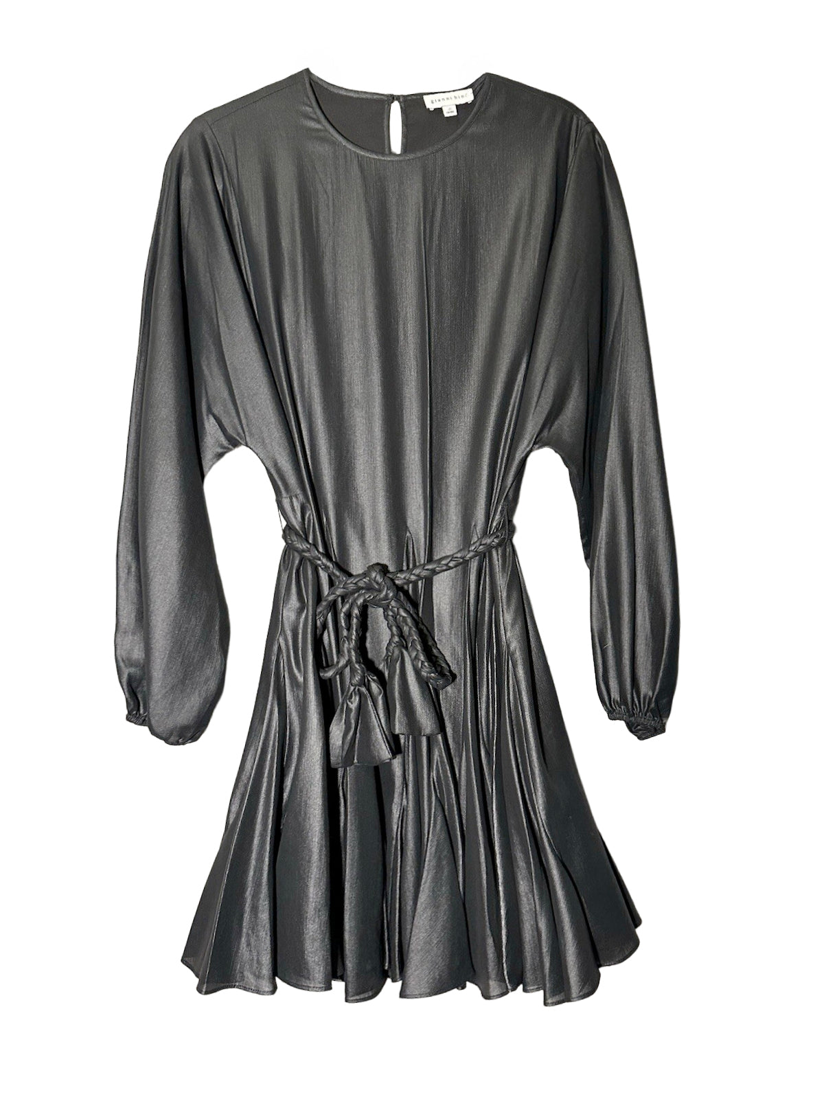 Gianni Bini Black Metallic Sheen Long Sleeve Belted Grecian Midi Dress LIKE NEW