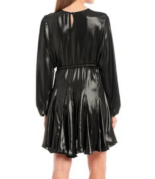 Gianni Bini Black Metallic Sheen Long Sleeve Belted Grecian Midi Dress LIKE NEW