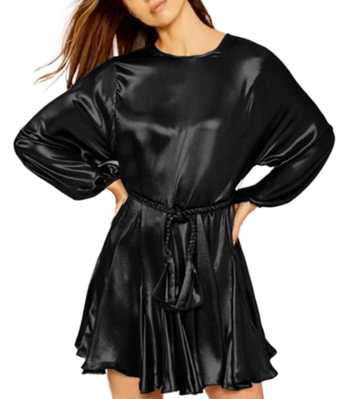 Gianni Bini Black Metallic Sheen Long Sleeve Belted Grecian Midi Dress LIKE NEW