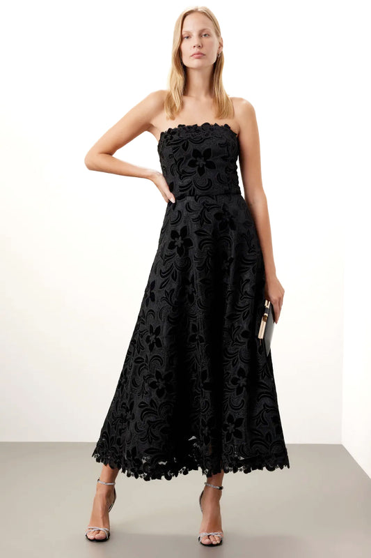 Shoshanna Anessa Laser Cut Strapless Floral Midi A-Line Dress Size 10